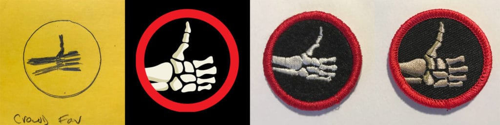 A collection of haunted attraction badges showing evolution from simple to detailed designs.