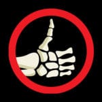 A detailed skeleton hand giving a thumbs-up inside a red circle on a black background.