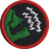 Haunted attraction badge with green monster and lightning bolt design, embroidered patch.
