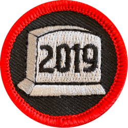 Embroidered badge with "2019" year design for haunted attraction awards and team-building pins.