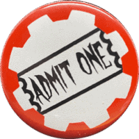 Red and white haunted attraction badge with 