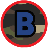 Custom camouflage badge with a bold blue letter B for haunted attraction branding.