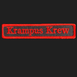 Krampus Krew name badge, red text with red border on black fabric