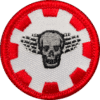 Fright Attendant badge of skull with skeleton hand wings