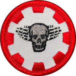 Fright Attendant badge of skull with skeleton hand wings