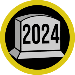 Haunted attraction badge with "2024 Most Deadicated" inscription, award pin.