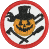 Haunted pumpkin badge with top hat and spooky face, perfect for horror events.