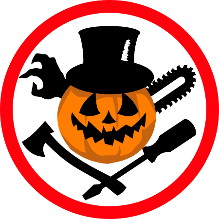 Jack of all trades badge, a pumpkin with an axe, chainsaw, zombie hand and a screwdriver