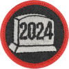 Embroidered badge featuring "2024" in bold numbers, black and white design, red border.