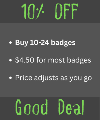 Bright green "10% OFF" text with details about badge purchase discounts on haunted attraction mercha.