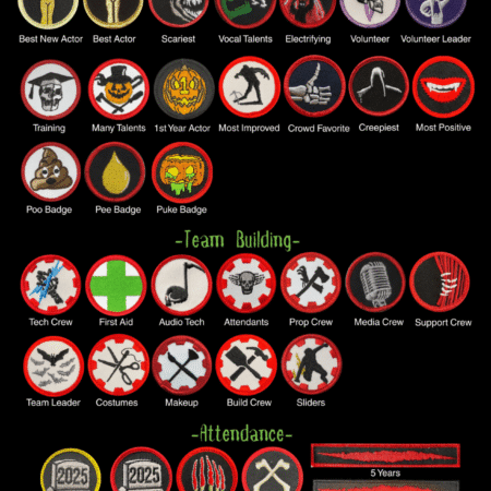 Haunted attraction badges and awards for team-building and recognition.
